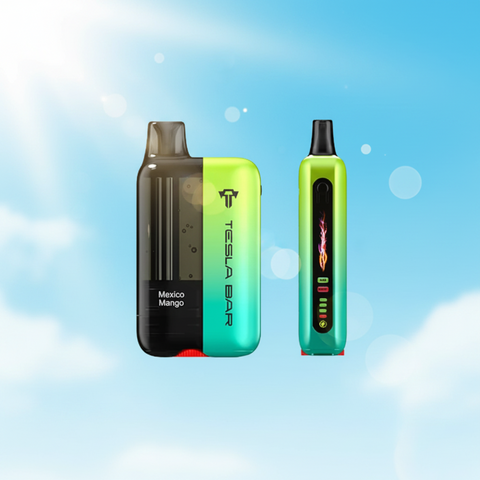 Two Tesla Bar vape devices, one black and green, the other green and red, on a cloudy background.