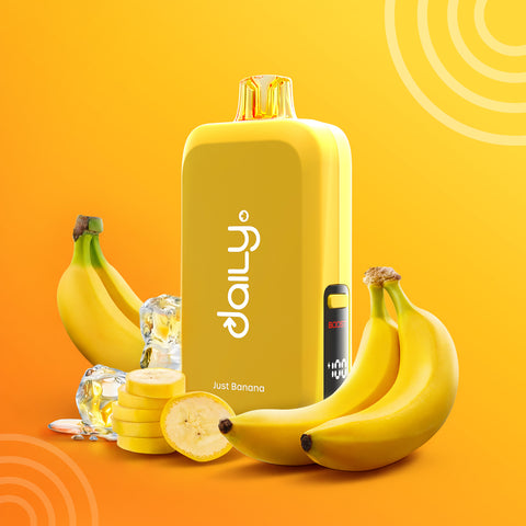 Yellow disposable vape labeled 'drip'n daily' with bananas and slices on a bright yellow background