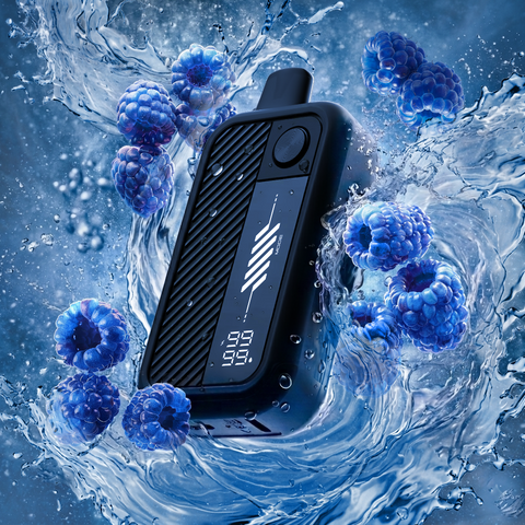Black vape device labelled "Flavour Beast" with digital display surrounded by blue raspberries in water