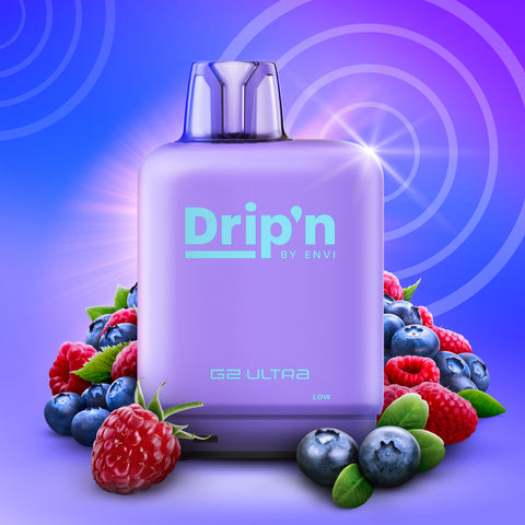Purple vape pod bottle labeled 'Drip'n by Envi' surrounded by berries on a purple background