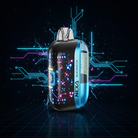 Vape device with colorful circuit board design on a white background