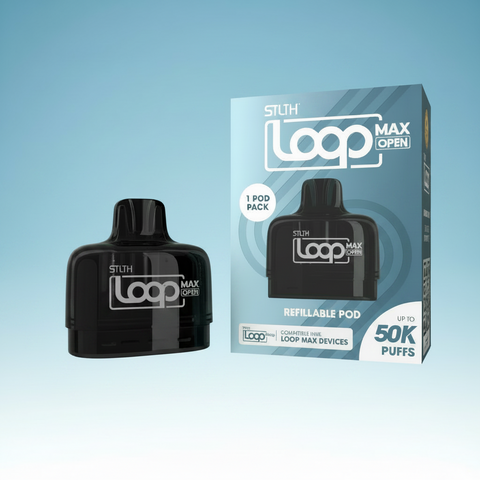 Black refillable pod with Loop branding next to its packaging on a white background
